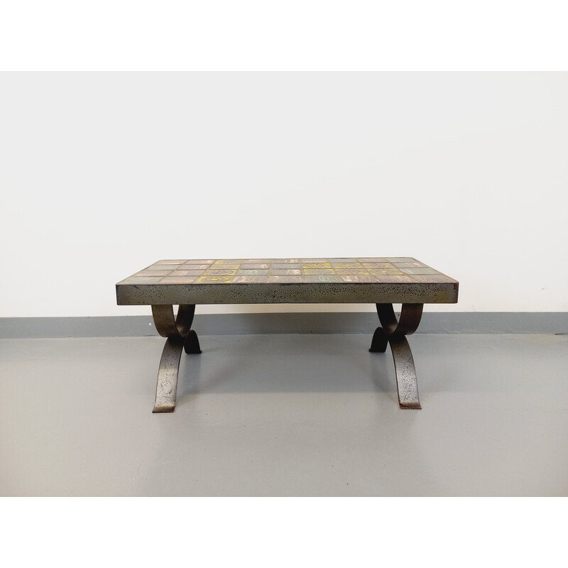 Vintage rectangular steel and ceramic coffee table for Roche Bobois, France 1960
