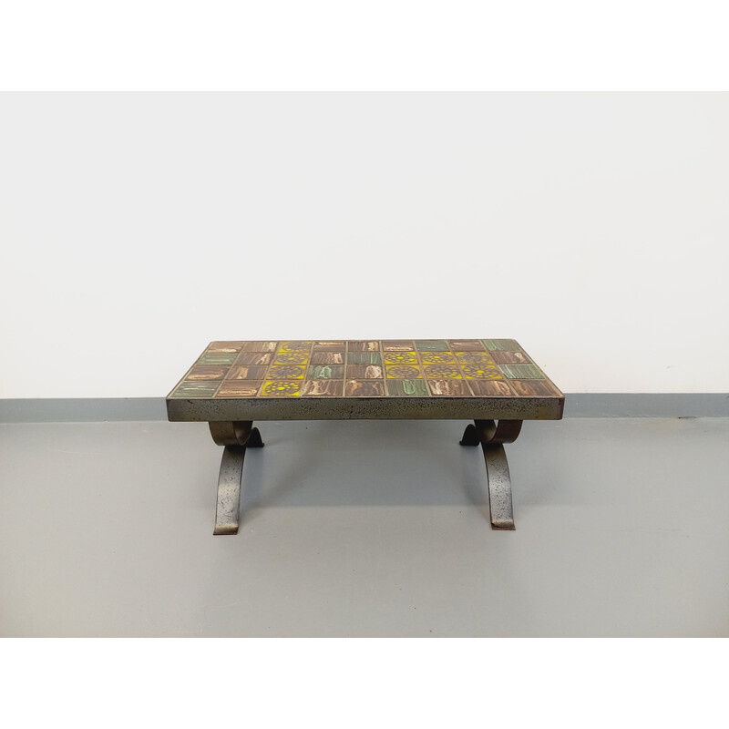 Vintage rectangular steel and ceramic coffee table for Roche Bobois, France 1960