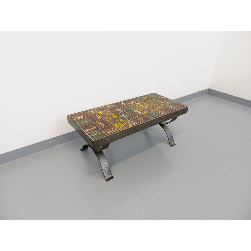 Vintage rectangular steel and ceramic coffee table for Roche Bobois, France 1960