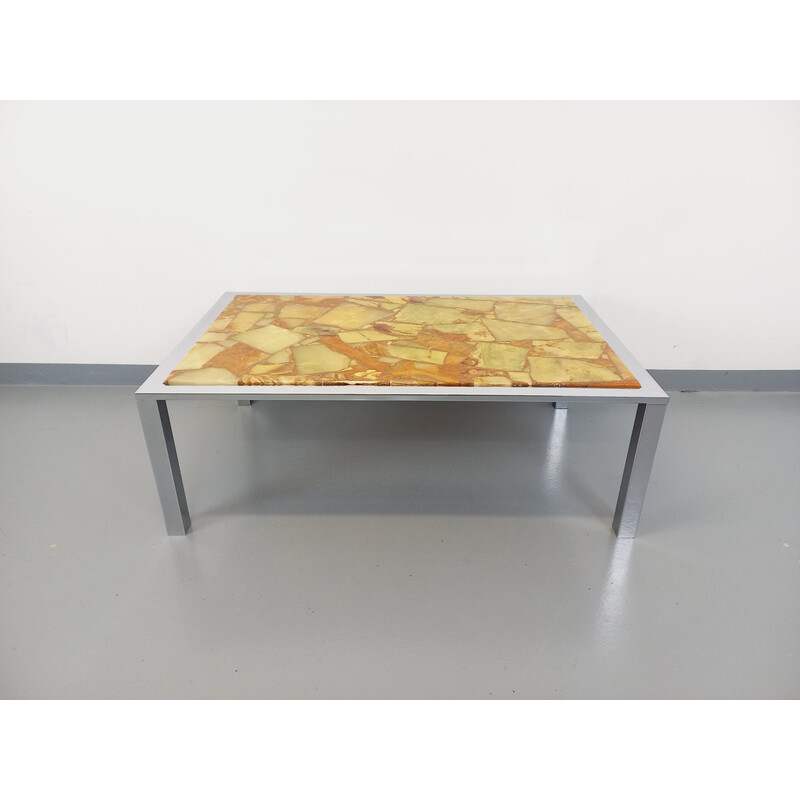 Vintage rectangular coffee table in chrome metal and yellow onyx stone, 1970