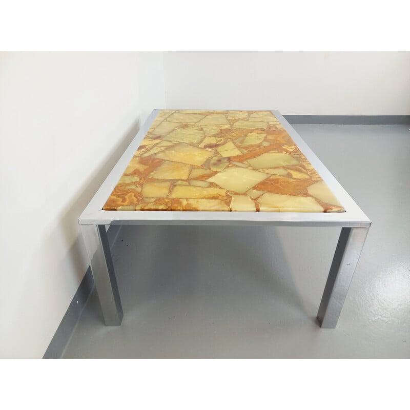 Vintage rectangular coffee table in chrome metal and yellow onyx stone, 1970