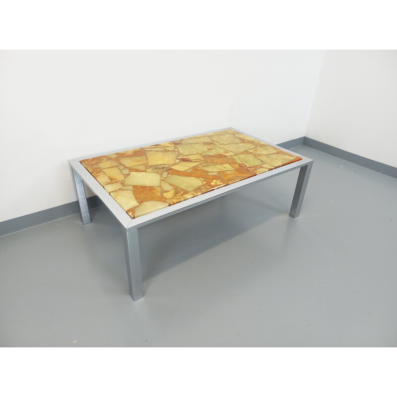 Vintage rectangular coffee table in chrome metal and yellow onyx stone, 1970