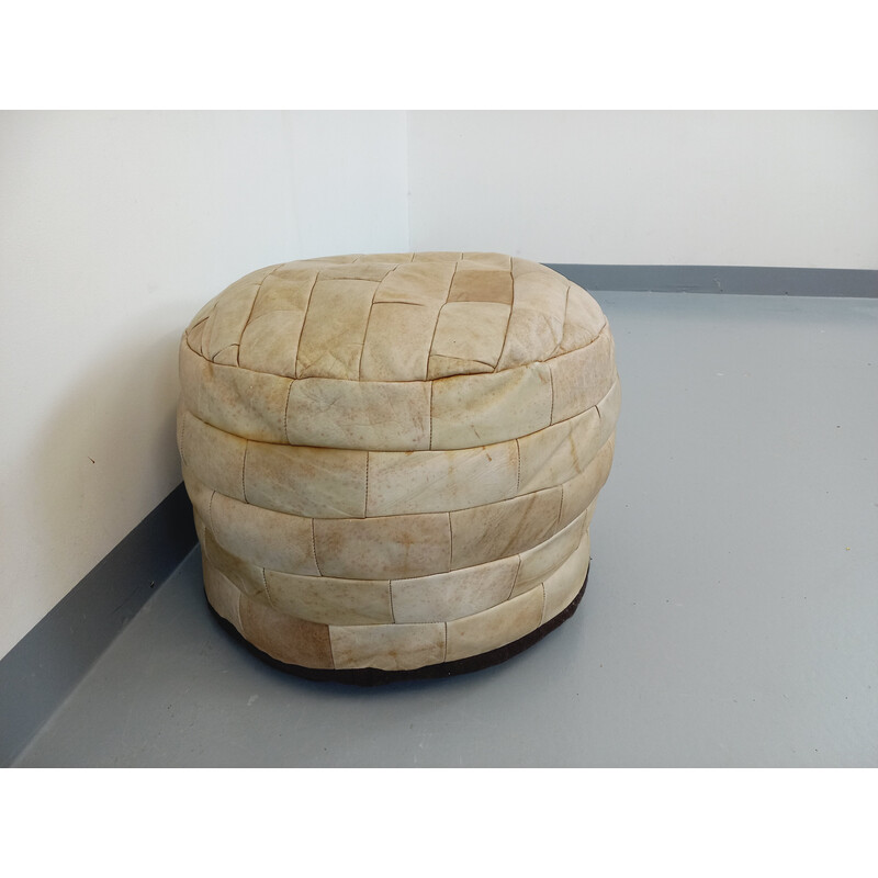 Vintage beige leather patchwork pouf for De Sede, Sweden 1970