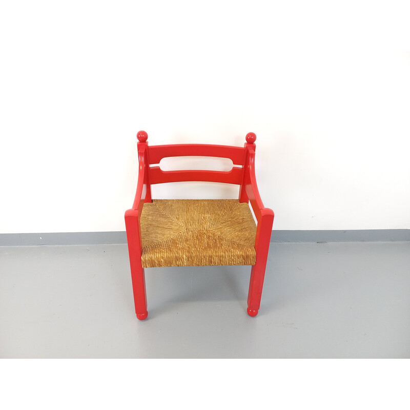 Vintage fauteuil in rood hout en stro voor Cassina, Italië 1970