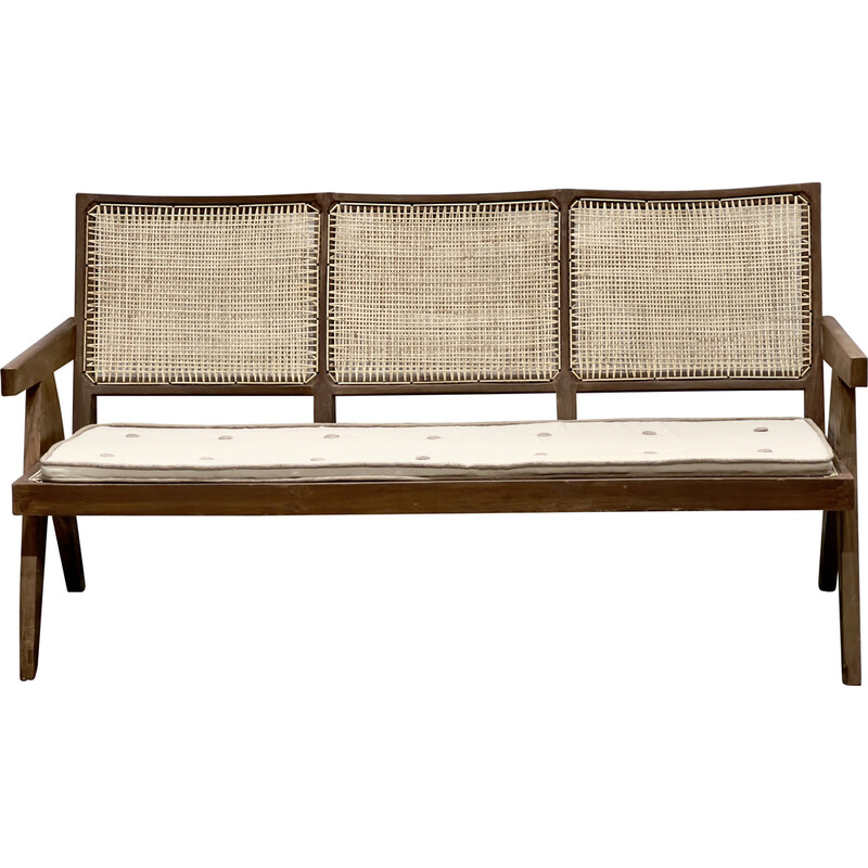 Vintage 3-seater sofa in teak and wickerwork by Pierre Jeanneret, India 1956