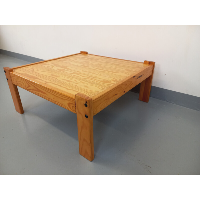 Table basse vintage carrée en bois de pin, 1970