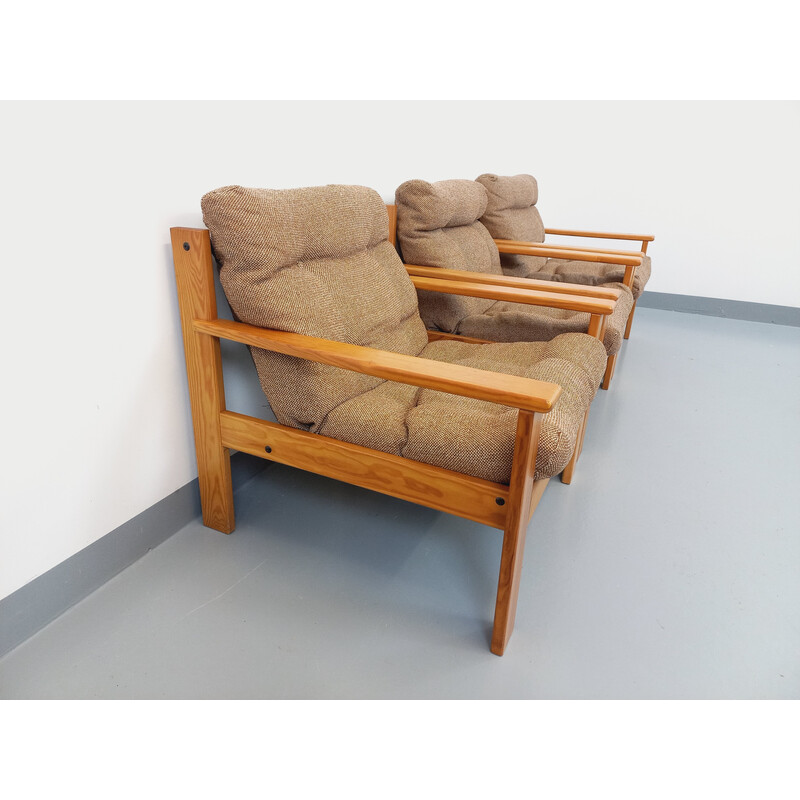 Lot de 3 fauteuils vintage en bois de pin et tissu de laine, 1970