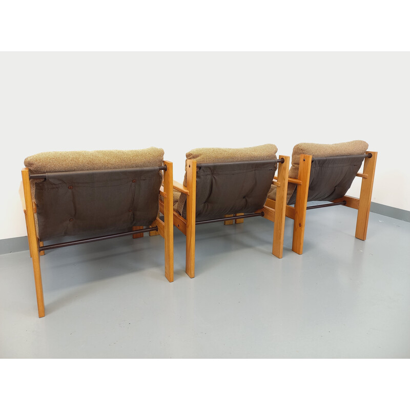 Lot de 3 fauteuils vintage en bois de pin et tissu de laine, 1970