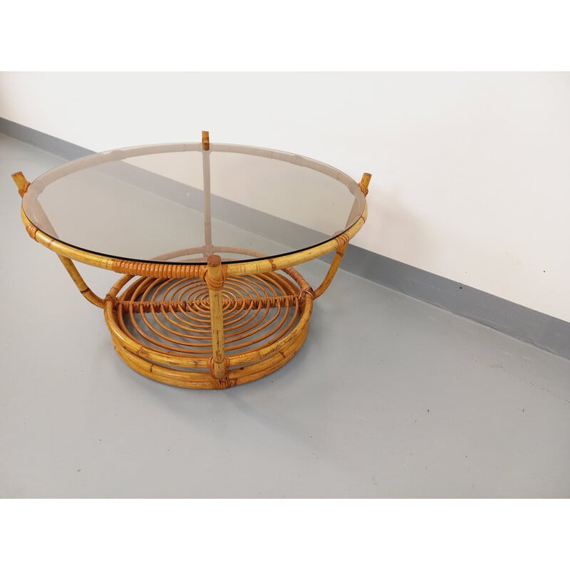 Vintage round coffee table in smoked glass and rattan, 1970