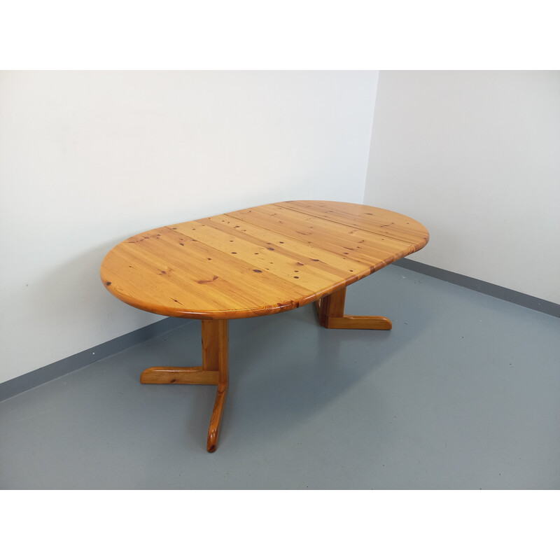 Vintage round pine wood table with extensions, 1970