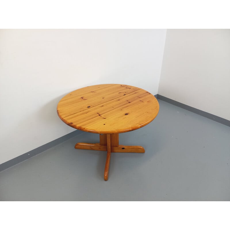 Vintage round pine wood table with extensions, 1970