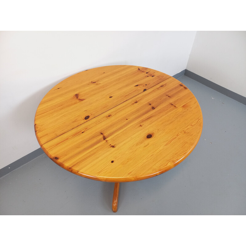 Vintage round pine wood table with extensions, 1970