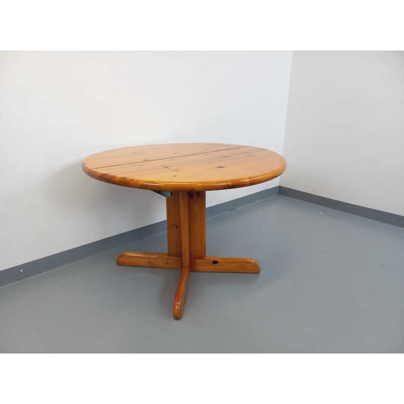 Vintage round pine wood table with extensions, 1970