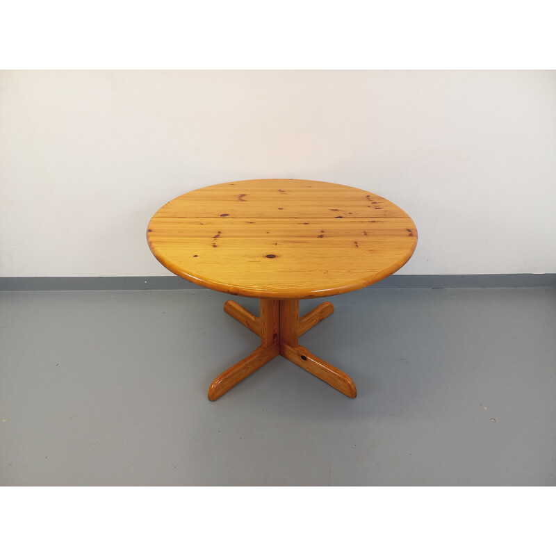 Vintage round pine wood table with extensions, 1970