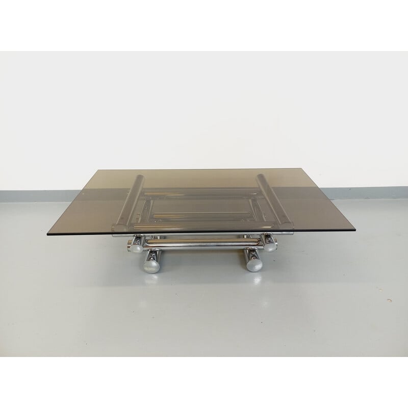 Vintage Space Age rectangular coffee table in smoked glass and chrome metal, 1970