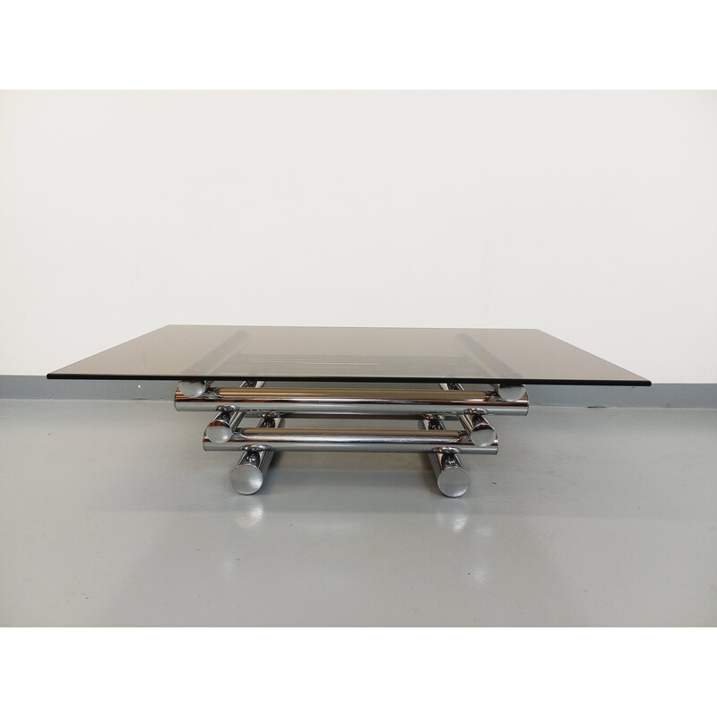 Vintage Space Age rectangular coffee table in smoked glass and chrome metal, 1970