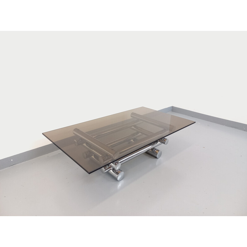 Vintage Space Age rectangular coffee table in smoked glass and chrome metal, 1970