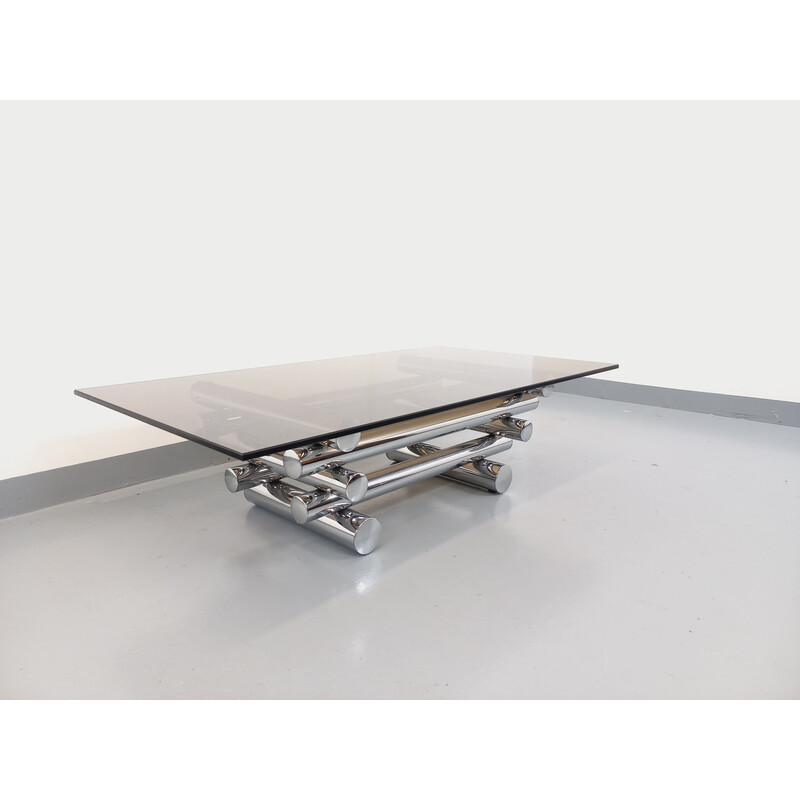 Vintage Space Age rectangular coffee table in smoked glass and chrome metal, 1970