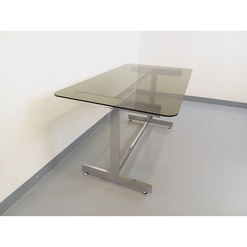 Vintage dining table in smoked glass and chrome metal, 1970