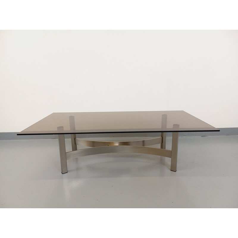 Vintage coffee table in smoked glass and brushed cast aluminum for Roche-Bobois, France 1970