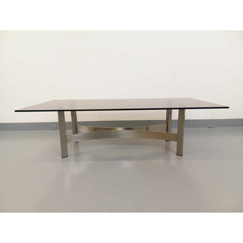 Vintage coffee table in smoked glass and brushed cast aluminum for Roche-Bobois, France 1970