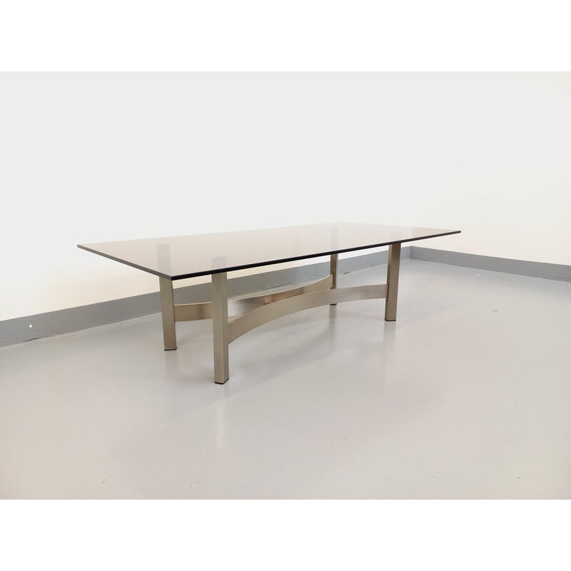 Vintage coffee table in smoked glass and brushed cast aluminum for Roche-Bobois, France 1970