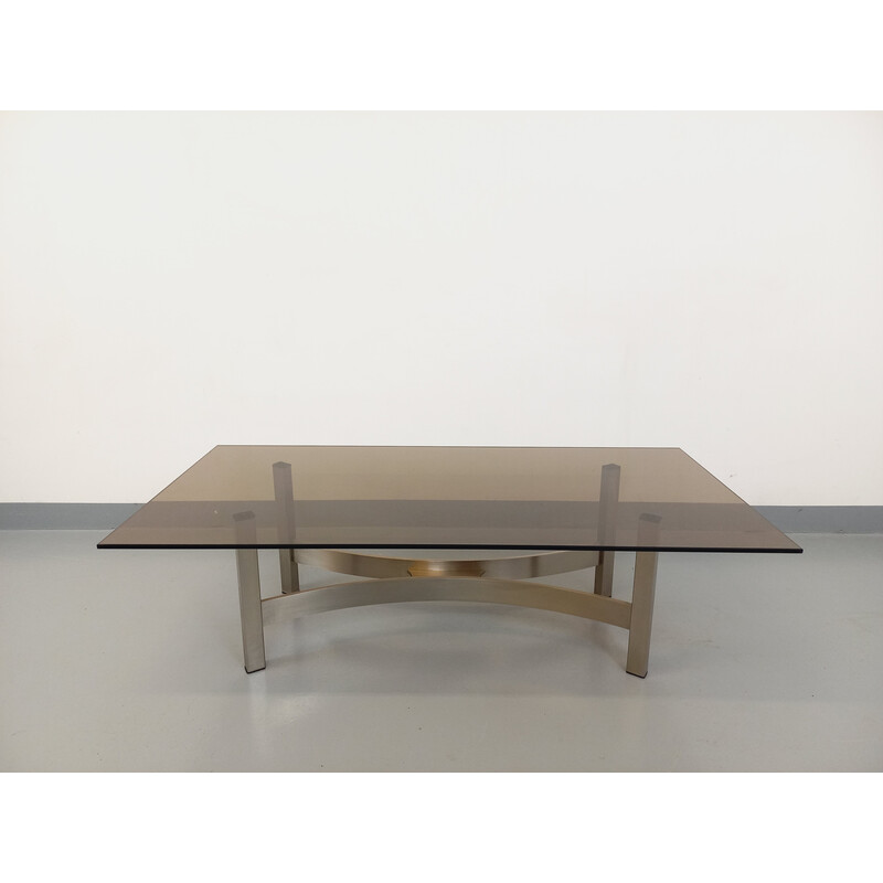 Vintage coffee table in smoked glass and brushed cast aluminum for Roche-Bobois, France 1970