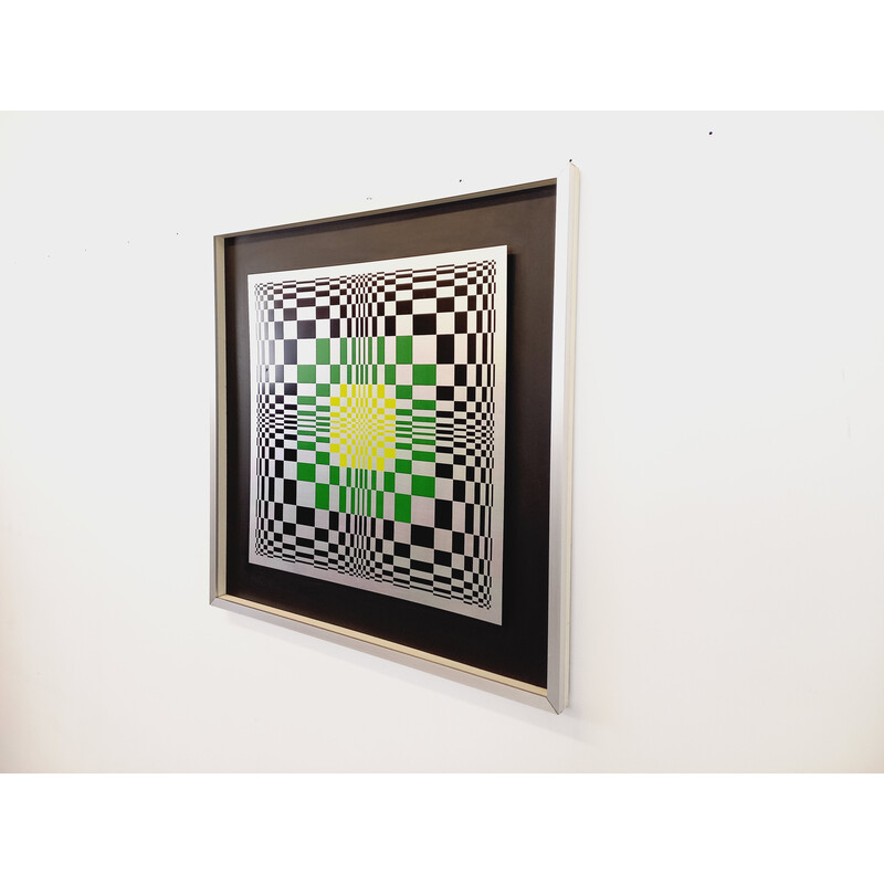 Vintage kinetic checkerboard screen print on aluminum, Italy 1970