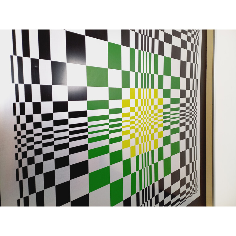 Vintage kinetic checkerboard screen print on aluminum, Italy 1970