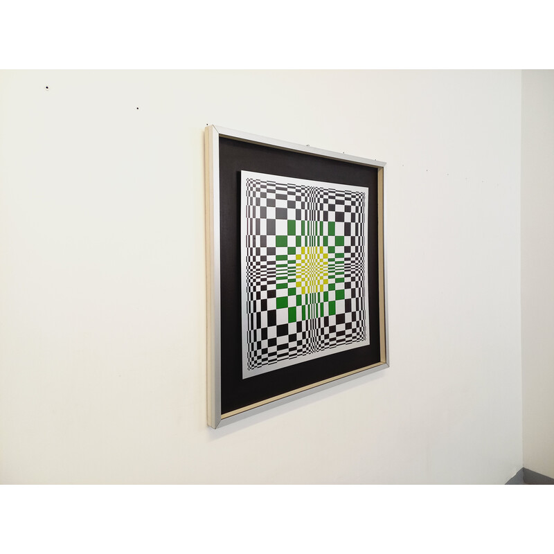 Vintage kinetic checkerboard screen print on aluminum, Italy 1970