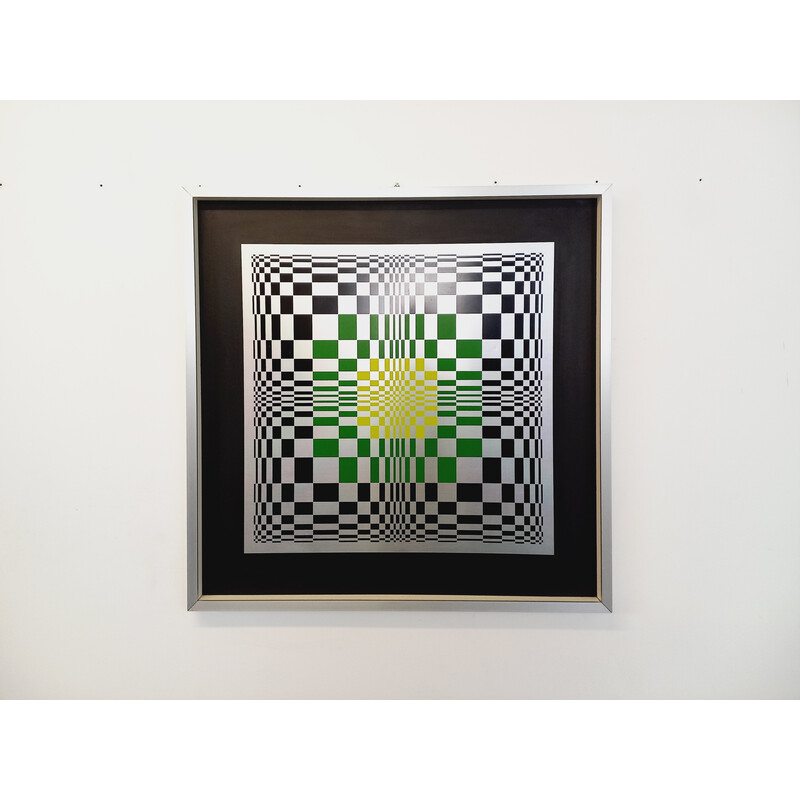 Vintage kinetic checkerboard screen print on aluminum, Italy 1970