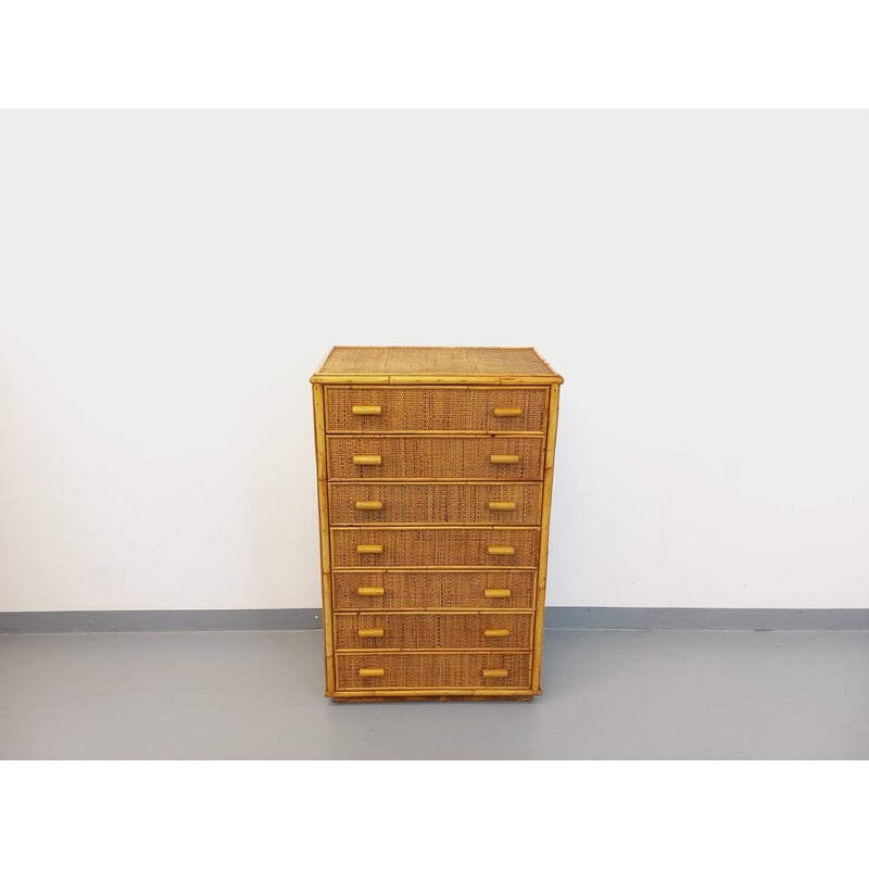 Vintage chest of drawers in rattan and woven rattan, 1970
