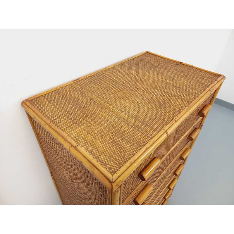 Vintage chest of drawers in rattan and woven rattan, 1970