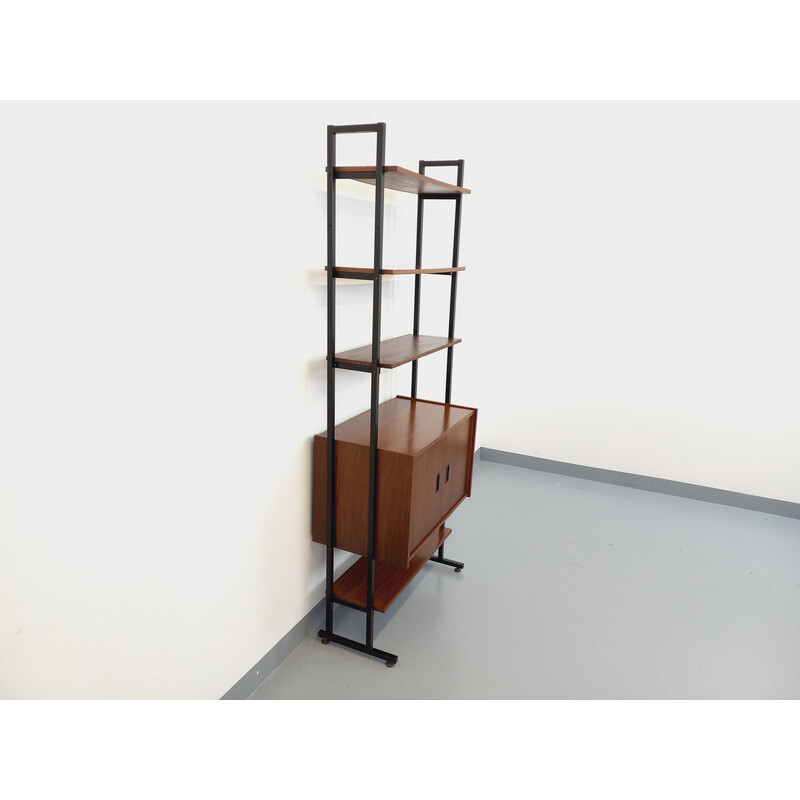 Vintage teak and black metal shelf bookcase, Italy 1960