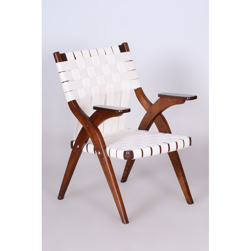 Vintage Art Deco armchair in oak and cotton by Jan Vaněk, Czechoslovakia 1940