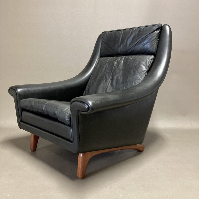 Vintage black leather and teak armchair by Aage Christians, 1950