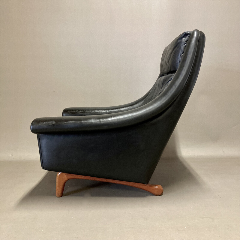 Vintage zwart lederen en teakhouten fauteuil van Aage Christiansen, 1950
