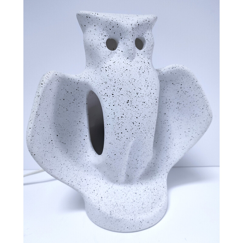 Vintage white ceramic owl lamp, France 1980