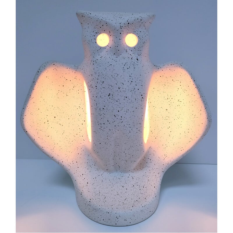 Vintage white ceramic owl lamp, France 1980