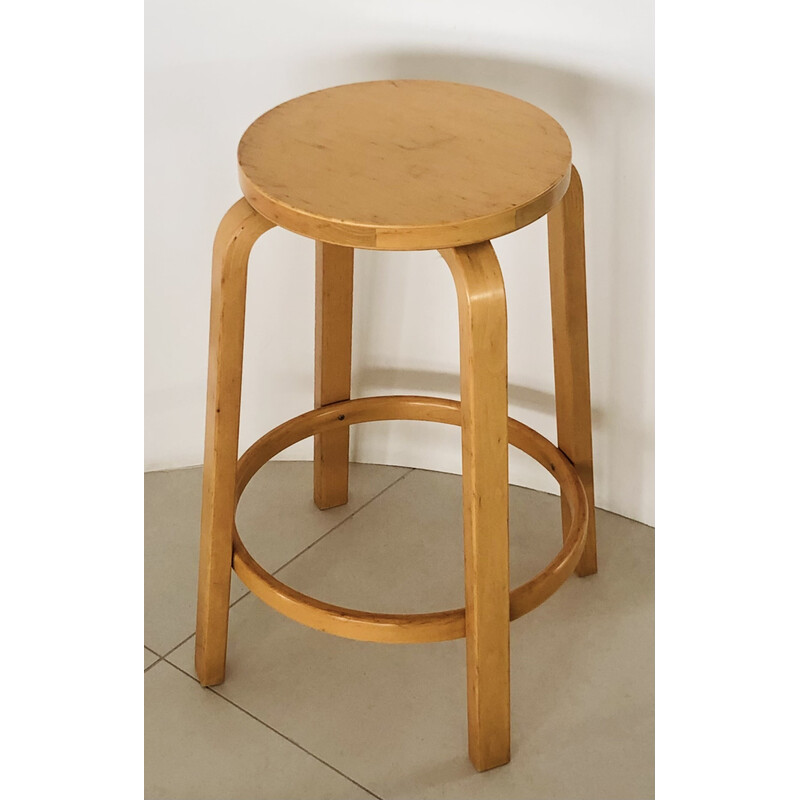 Tabouret de bar vintage modèle 64 en placage de bouleau par Alvar Aalto pour Artek, Finlande 1980