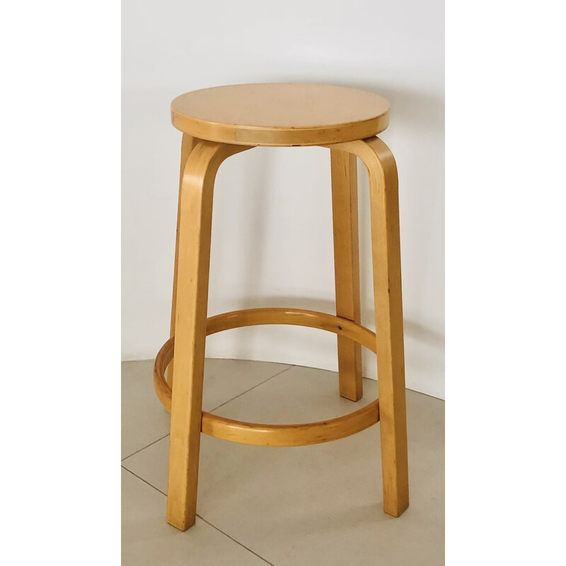 Tabouret de bar vintage modèle 64 en placage de bouleau par Alvar Aalto pour Artek, Finlande 1980