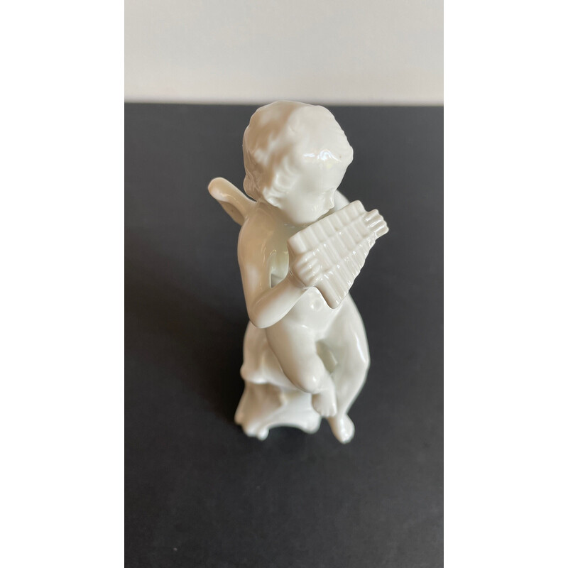 Vintage musician angel in enameled porcelain, Italy