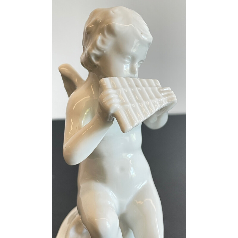 Vintage musician angel in enameled porcelain, Italy