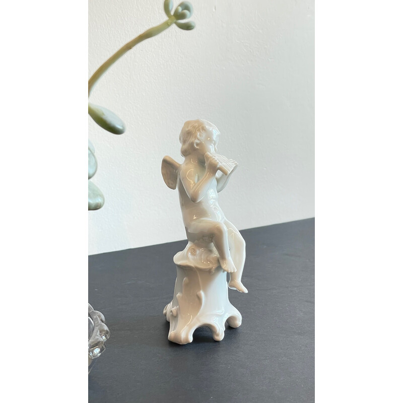 Vintage musician angel in enameled porcelain, Italy