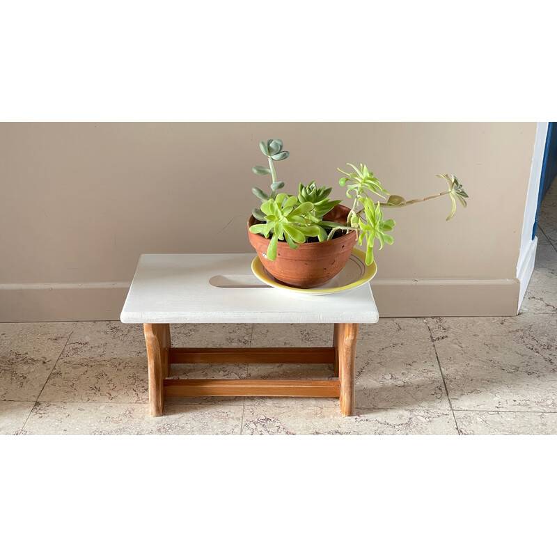 Tabouret vintage en bois de hêtre et blanc