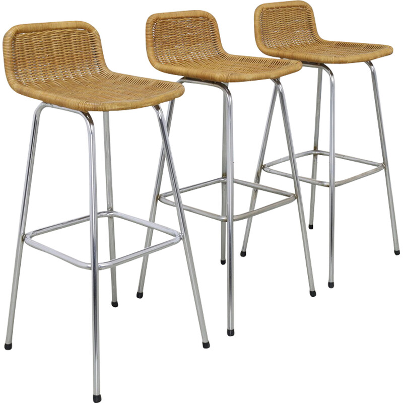 Set of 3 vintage rattan and chrome bar stools by Rohé Noordwolde, 1960
