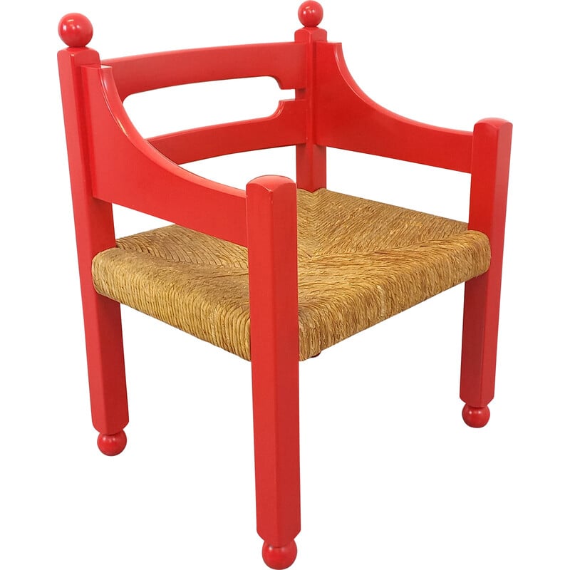 Vintage fauteuil in rood hout en stro voor Cassina, Italië 1970