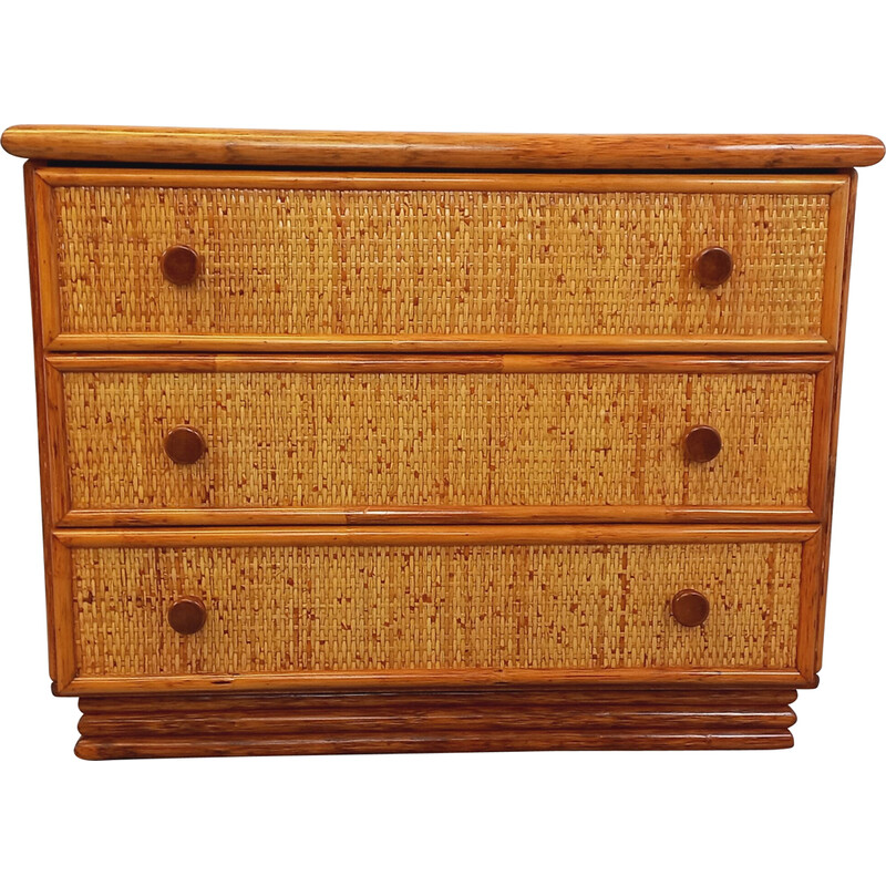 Vintage "Maugrion" chest of drawers in rattan and woven rattan for Roche-Bobois, France 1970