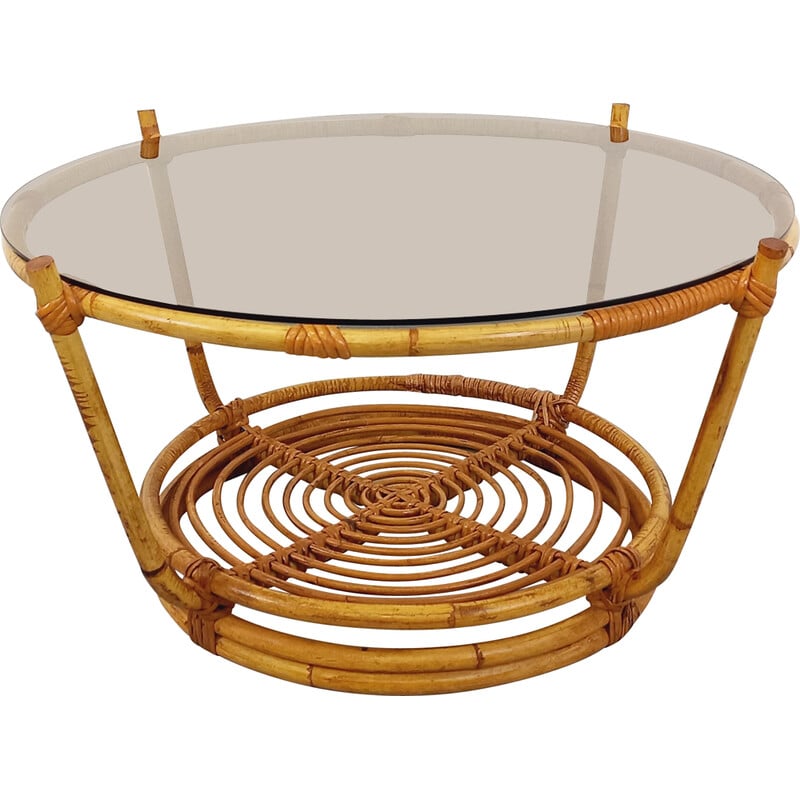 Vintage round coffee table in smoked glass and rattan, 1970