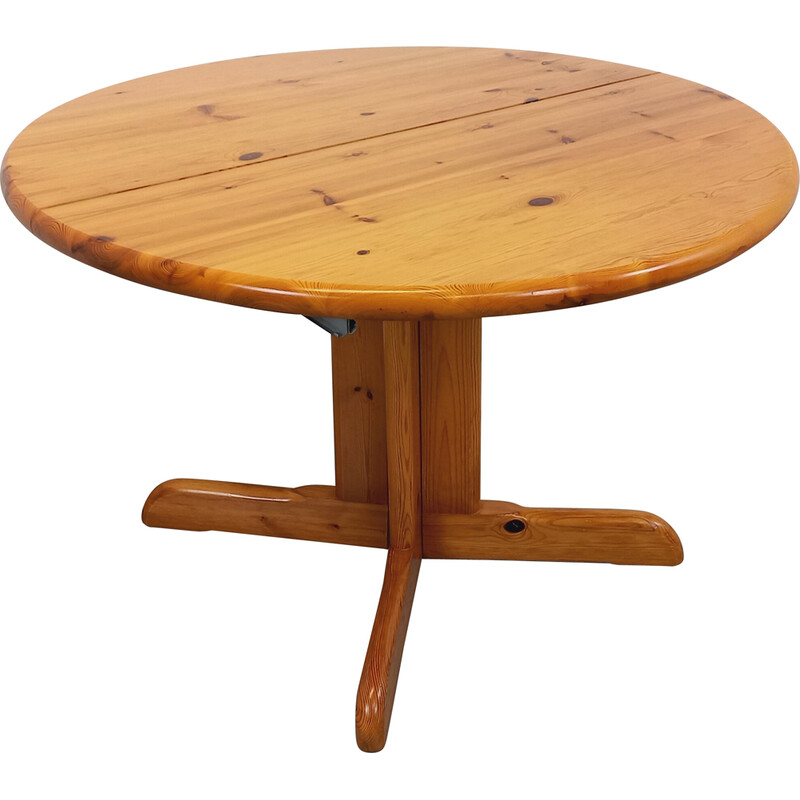 Table vintage ronde en bois de pin avec rallonges, 1970